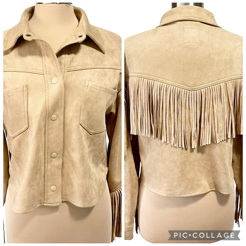 OAT New York Tan Faux Suede Fringe Western Cropped Jacket Size S Festival Boho - Picture 2 of 14